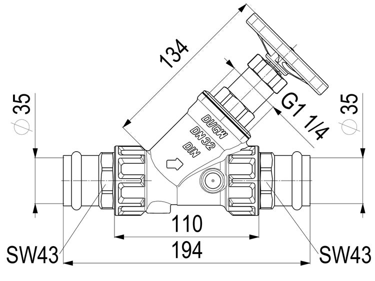 Maßzeichnung Schrägsitzventil DN 32 mit DVGW Prüfzeichen, G 1 1/4 Zoll Anschluss, Schlüsselweite 43 und Gesamtlänge 194 Millimeter.