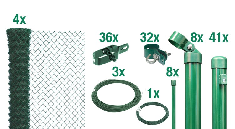 Maschendrahtzaun Set mit Zaunrollen, Zaunpfosten, Spanndraht, Bindedraht und Befestigungsmaterial zur Montage eines Drahtzauns.