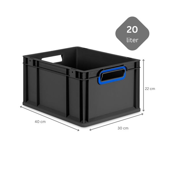 PROREGAL SuperSparSet 5x Eurobox NextGen Color mit Scharnierdeckel und Schiebeschnappverschlüssen, HxBxT 22x30x40cm, 20 Liter, Schwarz, Griffe blau offen, Eurobehälter, Transportbox, Transportbehälter, Stapelbehälter