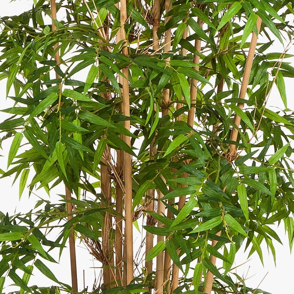 Künstliche Bambuspflanze mit dichten grünen Blättern und hellbraunen Halmen.