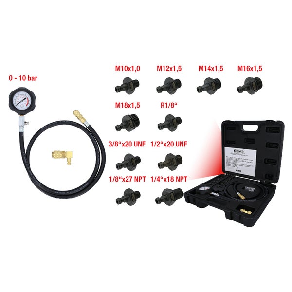 KRAFTWERK Werkzeugsatz zur Druckprüfung inklusive Manometer, Schlauch und Adaptern im Koffer