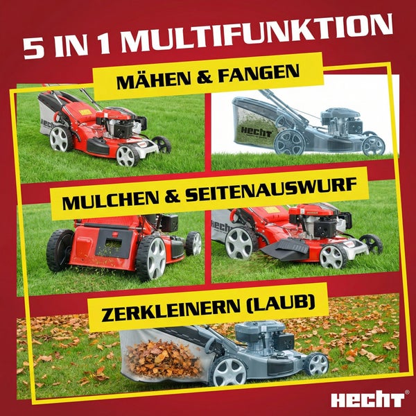 Hecht 5-in-1 Multifunktions-Rasenmäher zeigt Funktionen: Mähen, Fangen, Mulchen, Seitenauswurf und Laub zerkleinern auf einer Wiese.