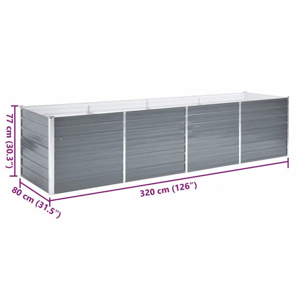 Hochbeet aus Stahl in Grau, 320 Zentimeter lang, 80 Zentimeter breit und 77 Zentimeter hoch.