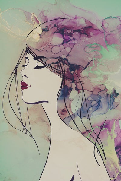 Illustration einer Frau mit geschlossen Augen und abstraktem Hintergrund