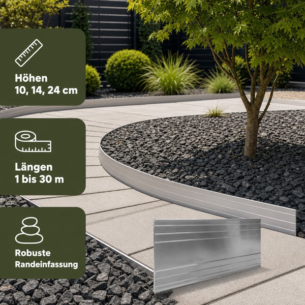 Metall Rasenkante zur Gartenbegrenzung mit Höhen von 10, 14, 24 Zentimeter und Längen von 1 bis 30 Meter für die robuste Beetabgrenzung.