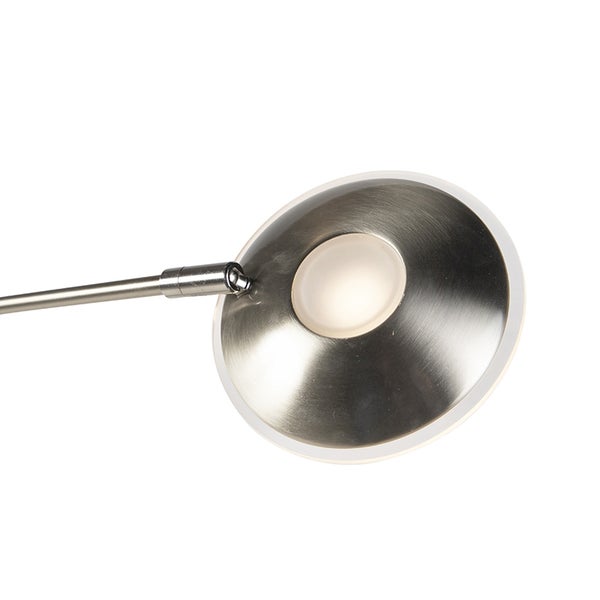 Nahaufnahme einer runden, dimmbaren LED Lampe mit Arm