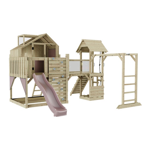 Spielplatz mit Rutsche, Kletterwand, Schaukel und Spielhaus aus Holz