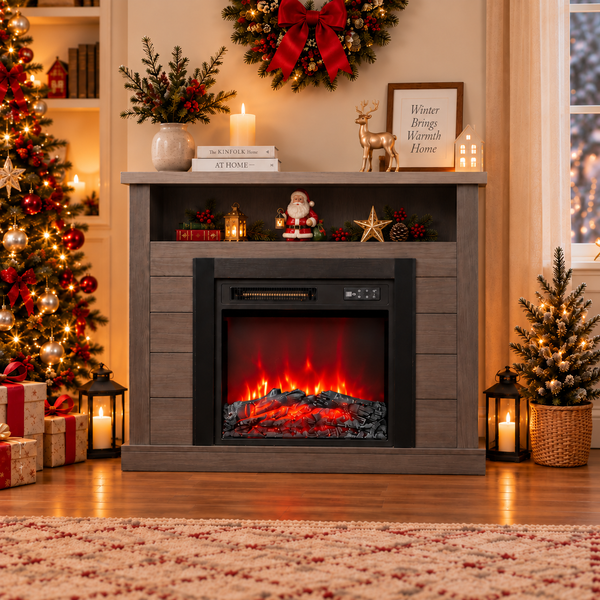 Elektrischer Kamin mit Holzoptik Verkleidung in einem weihnachtlich dekorierten Wohnzimmer mit Weihnachtsbaum und stimmungsvoller Beleuchtung.