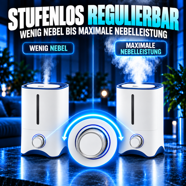 Luftbefeuchter mit stufenlos regulierbarer Nebelausgabe für unterschiedliche Befeuchtungsintensität.