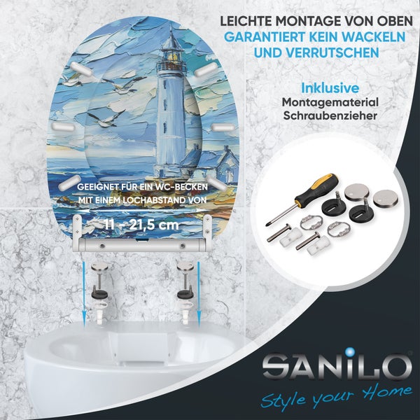 Sanilo WC Sitz mit Leuchtturm Motiv und Montagezubehör inklusive Schraubendreher für WC Becken mit Lochabstand 11 bis 21,5 Zentimeter.
