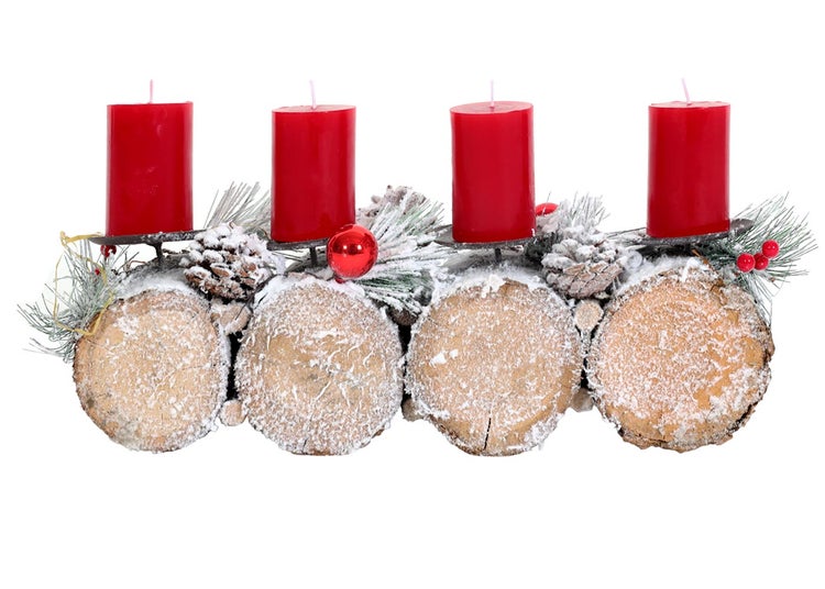 Adventsgesteck mit vier roten Kerzen, Tannenzapfen und Holzscheiben