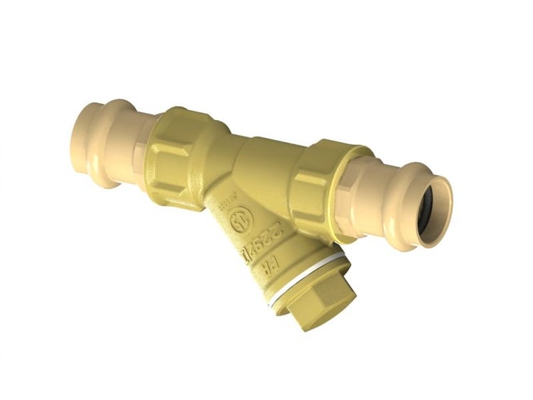 Schrägsitz Schmutzfänger aus Messing mit zwei Pressanschlüssen für Sanitärinstallationen.