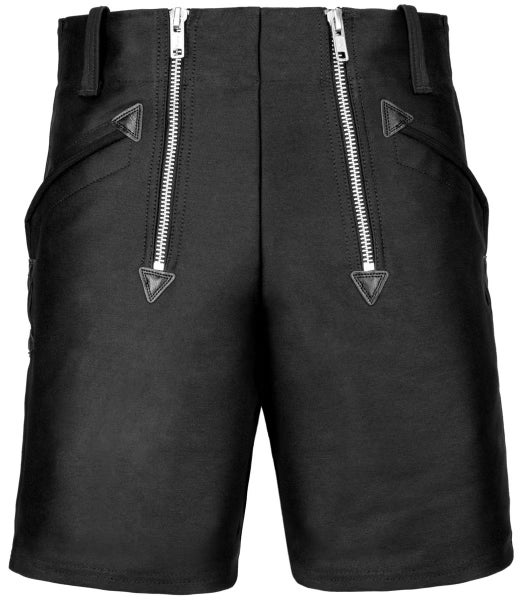 Schwarze Zunftshorts mit markanten Doppelreißverschlüssen und Lederecken an den Tascheneingriffen.