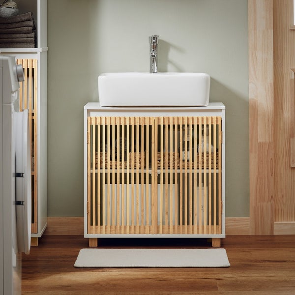 Waschtischunterschrank mit Aufsatzwaschbecken und Holzlamellentüren