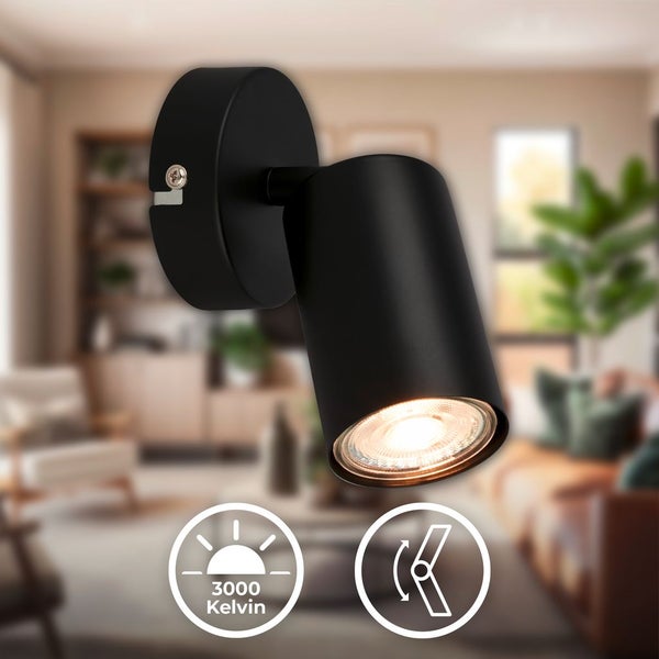 Schwarzer Wandstrahler mit schwenkbarem Kopf, Lichttemperatur 3000 Kelvin.