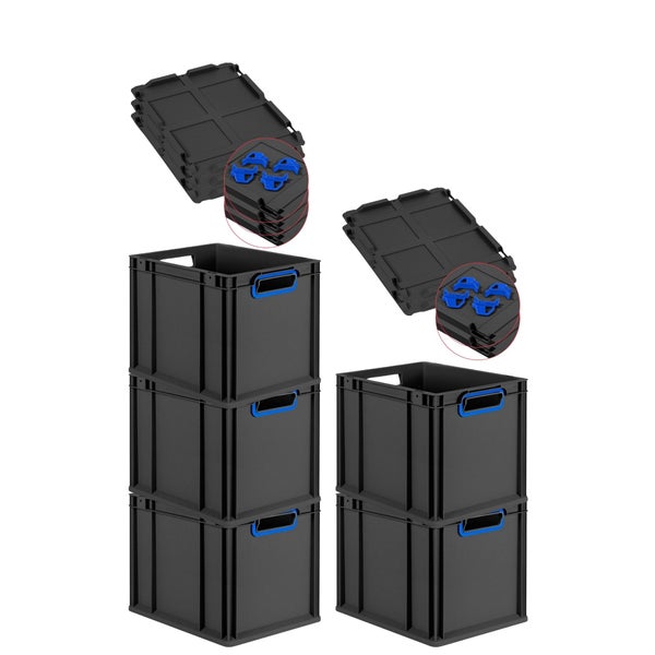 PROREGAL SparSet 5x Eurobox NextGen Color mit Auflagedeckel und Schiebeschnappverschlüsse, HxBxT 32x30x40cm, 30 Liter, Schwarz, Griffe blau offen, Eurobehälter, Transportbox, Transportbehälter, Stapelbehälter