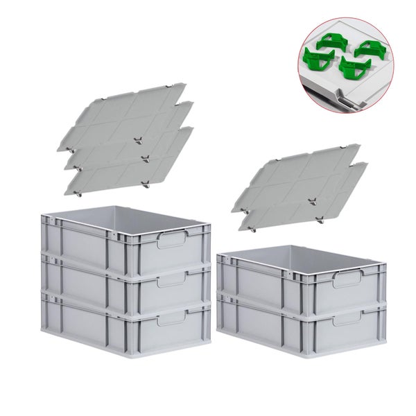 PROREGAL Spar Set 5x Eurobox Nextgen Economy Mit Auflagedeckel & 4x Schiebeschnappverschlüsse Grün Griffe Geschlossen HxBxT 17 x 40 x 60 cm 34 Liter