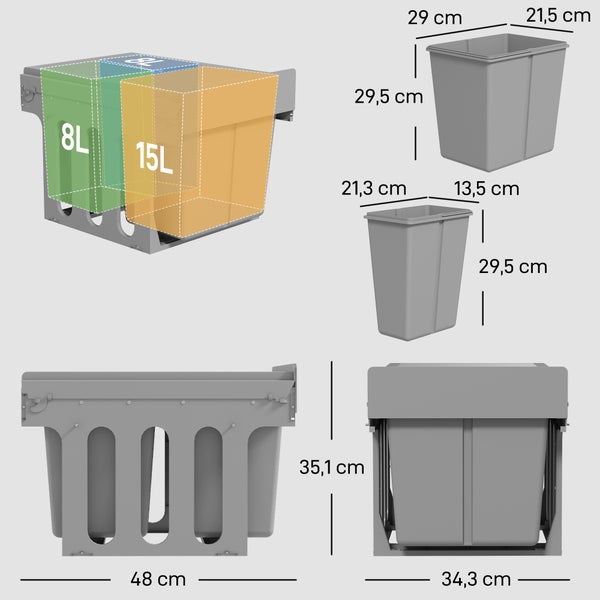 Einbau Abfallsystem mit drei Eimern und Maßangaben für die Schrankmontage.