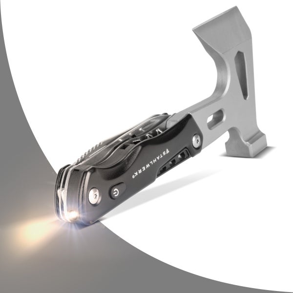 Multifunktionswerkzeug mit Hammerkopf und integrierter LED-Taschenlampe von Stahlwerk.