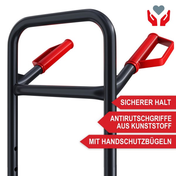 Detailansicht einer Sackkarre mit rutschfesten Kunststoffgriffen und Handschutzbügeln für sicheren Halt.