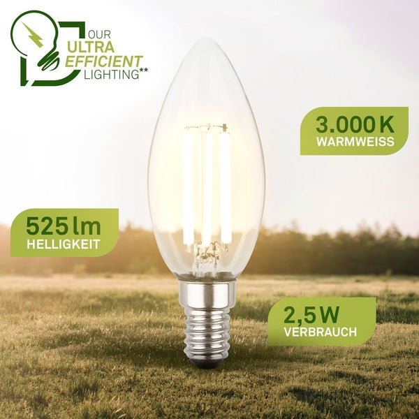 LED-Filament-Leuchtmittel in Kerzenform mit E14-Sockel, 525 Lumen Helligkeit, 3000 Kelvin warmweißes Licht und 2,5 Watt Verbrauch.