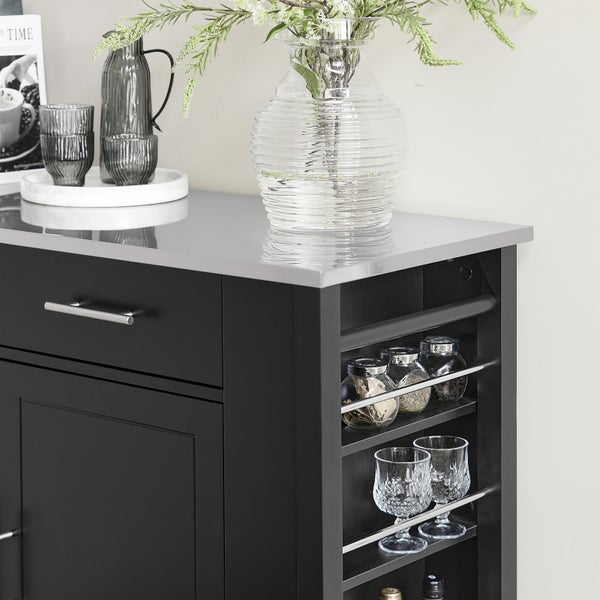 Detailansicht eines Küchenwagens mit Schublade, Regalböden und Arbeitsplatte