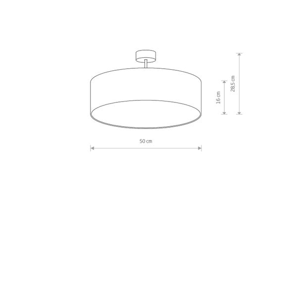 Technische Zeichnung einer Deckenleuchte mit den Maßen 50 cm Durchmesser und 28,5 cm Höhe.