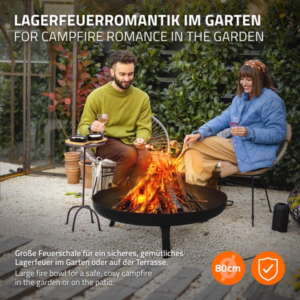 ECD Germany Feuerschale Ø80 x 29 cm mit 3 klappbaren Füßen, Dreibein Feuerstelle für den Garten, Stahl Feuerkorb rund mit 2 Griffen & 2 Entwässerungslöcher, Outdoor Eisenschale Feuertonne BBQ Camping