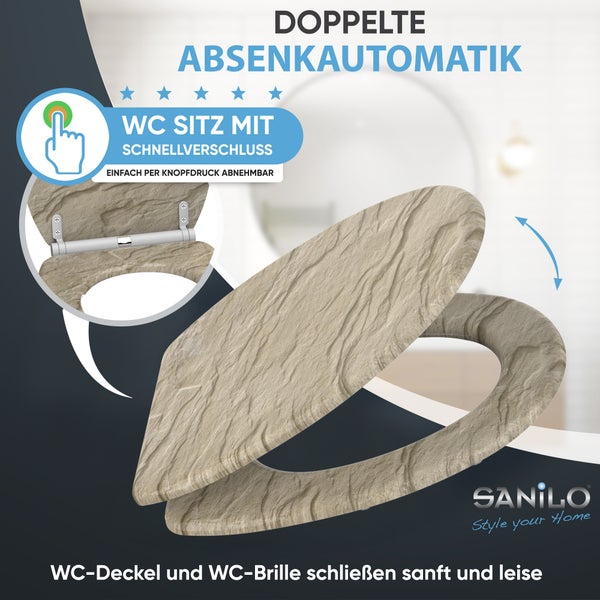Sanilo WC-Sitz in Steinoptik mit doppelter Absenkautomatik und Schnellverschluss zum einfachen Abnehmen per Knopfdruck. Sanilo Logo.