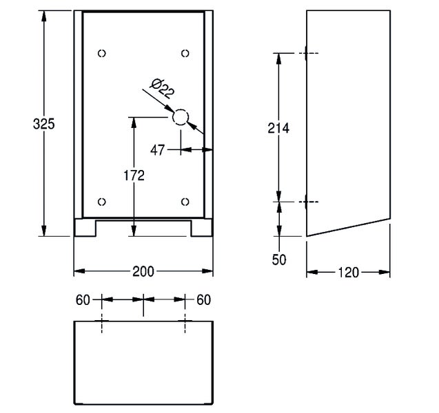 Maßzeichnung eines Gehäuses mit Höhe 325 Millimeter, Breite 200 Millimeter und Tiefe 120 Millimeter sowie Montagebohrungen.