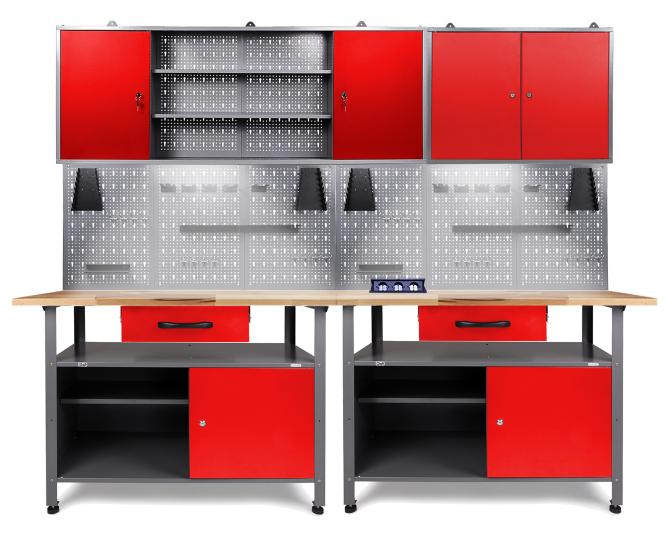 Werkbank mit Lochwand, Schränken und Schubladen