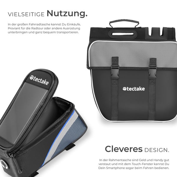 Fahrradtasche und Rahmentasche der Marke tectake für den Transport von Einkäufen und Ausrüstung.