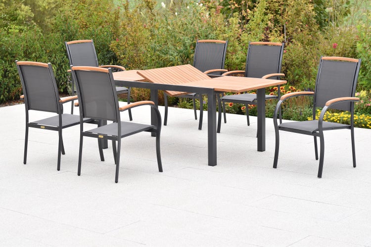Siena Gartenmöbel Set 7tlg., 6 Stapelsessel, Ausziehtisch 150 (200) x 90 cm, graphit/grau