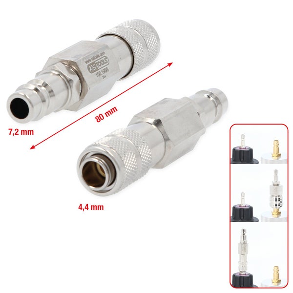 Zwei pneumatische Kupplungen aus Metall mit den Maßen 80 mm Länge, 7,2 mm und 4,4 mm Durchmesser.