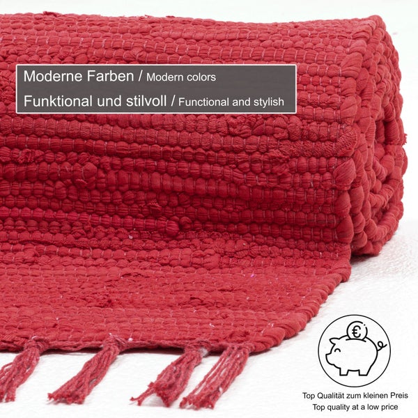 Handgewebter Fleckerlteppich aus Baumwolle Chindi Rot 40x60 cm