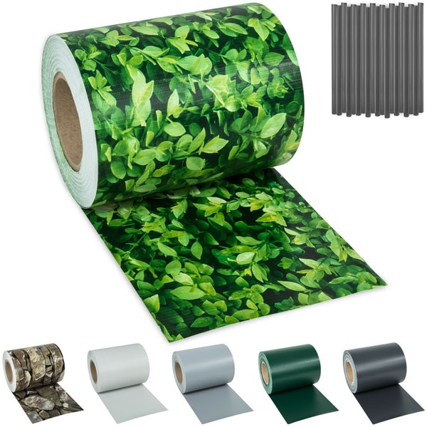 Sichtschutzstreifen auf Rolle für Doppelstabmattenzaun mit Blattdesign in Heckenoptik.