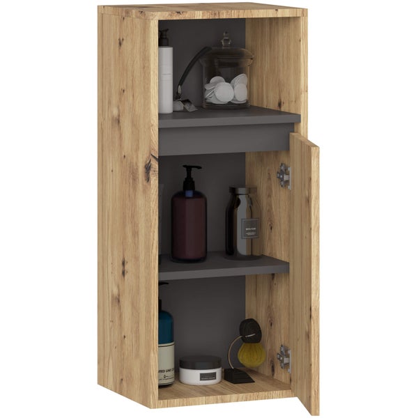 Hochschrank mit offener Tür und drei Regalböden zur Badaufbewahrung