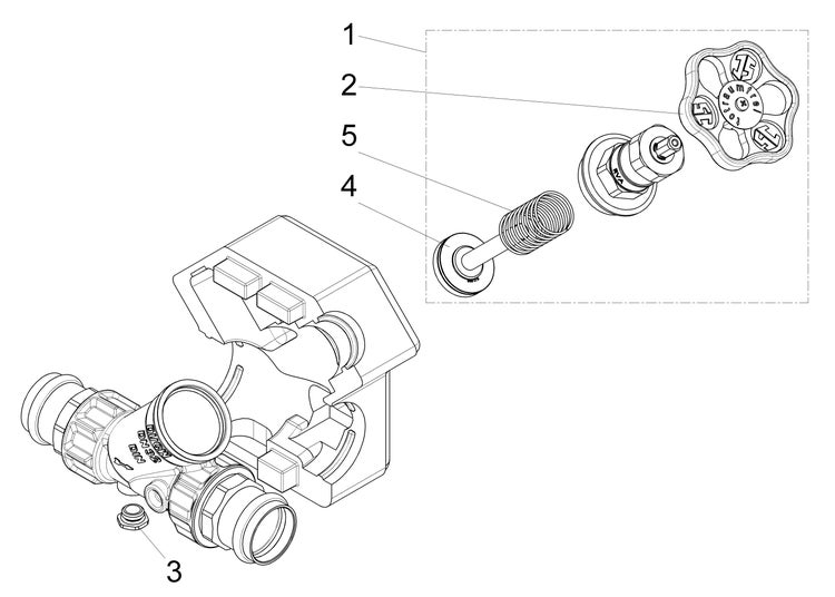Technische Zeichnung eines Kemper Schrägsitzventils mit nummerierten Einzelteilen wie Handrad, Ventiloberteil, Feder, Ventilteller und Dämmschale.