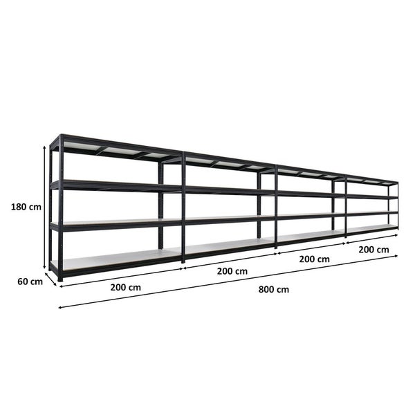 Langes Lagerregal mit den Maßen 180 cm Höhe, 60 cm Tiefe und 800 cm Breite