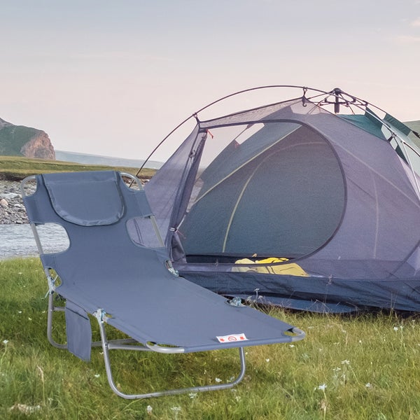 Verstellbare Liege mit Kopfkissen und Tasche, verschiedene Ansichten und Maße