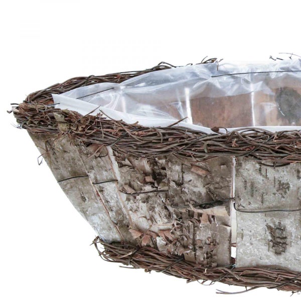 Pflanzgefäß aus Birkenrinde mit Flechtwerk