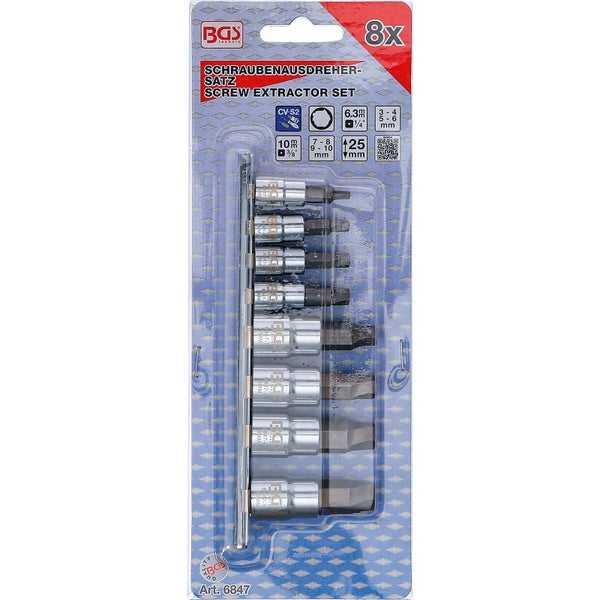 BGS Schraubenausdreher-Satz Antrieb Innenvierkant 6,3 mm (1/4) / 10 mm (3/8) für defekten Innensechskant 3 - 10 mm 8tlg. - 6847