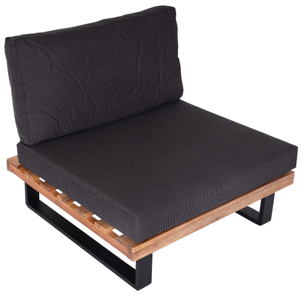 Graues Outdoor-Lounge-Modul mit Holzgestell, schwarzem Metallrahmen und Kissen.