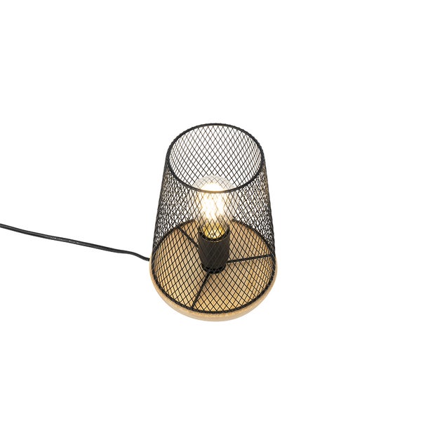 Moderne Tischleuchte mit Metallgitter-Schirm und Sockel aus Holz inklusive Leuchtmittel