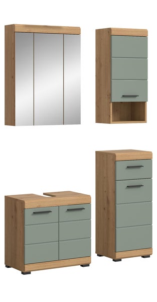 Badezimmermöbel Set in Eiche Optik mit grünen Fronten, bestehend aus Spiegelschrank, Waschbeckenunterschrank, Hängeschrank und Seitenschrank.