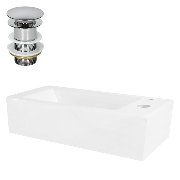 ML-Design Waschbecken Keramik Weiß 46x26,5x11 cm mit Ablaufgarnitur Pop-Up Ventil Silber, Hahnloch rechts, Wandmontage, Aufsatzwaschbecken Eckig Waschtisch klein Waschschale Waschplatz Handwaschbecken