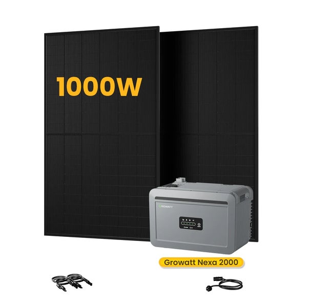 Growatt Nexa 2000 Balkonkraftwerk Set mit zwei schwarzen 1000 Watt Solarmodulen, Speichereinheit und Anschlusskabeln.