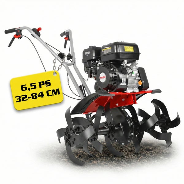 Motorhacke mit 6,5 PS und einer Arbeitsbreite von 32 bis 84 Zentimetern