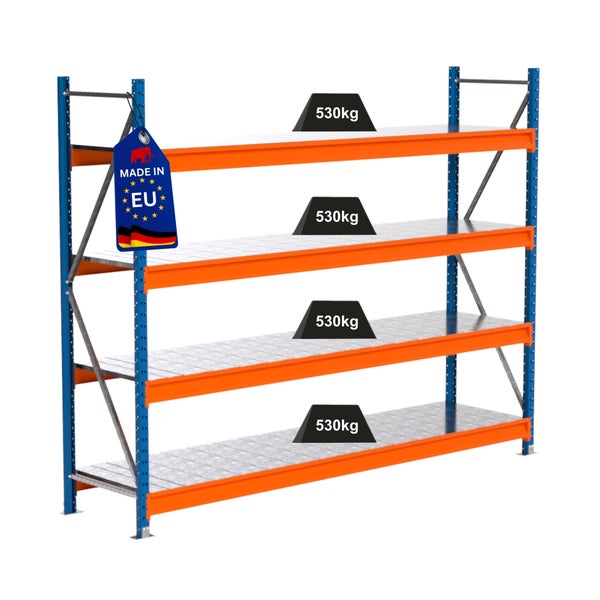 Lagerregal mit vier Ebenen und einer Traglast von 530 Kilogramm pro Ebene, Hergestellt in der EU Kennzeichnung