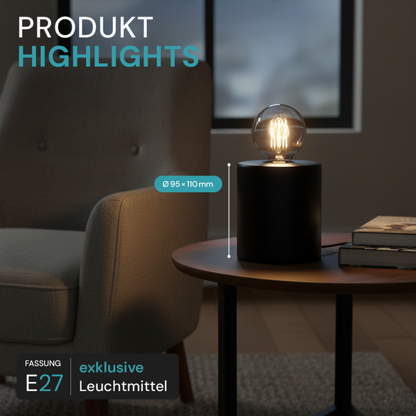 Schwarze Tischleuchte mit E27 Fassung und den Maßen 95 x 110 Millimeter auf einem Tisch.